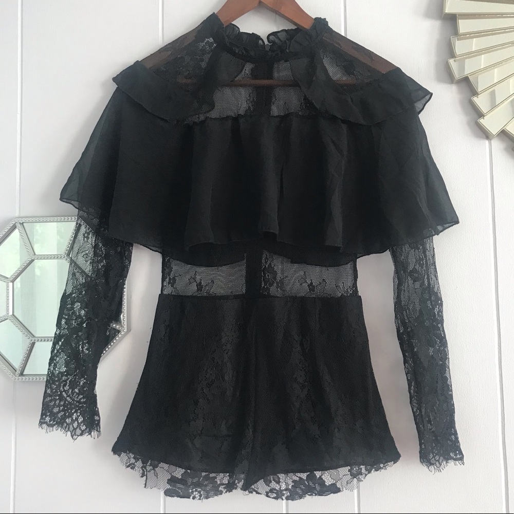 Lace & Ruffle Black Turtleneck Blouse